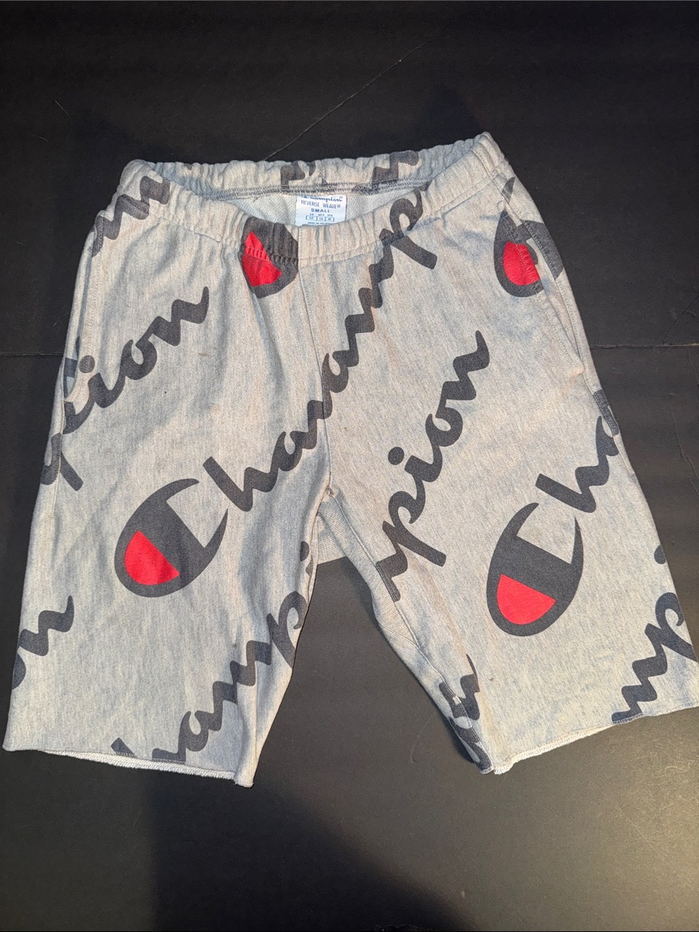 Champion Light Gray Logo Print Shorts with Red Accents